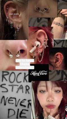 a collage of photos with various piercings on their ear and nose, including the words rock star never die