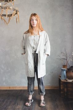 "Welcome to Pavietra! This oversized linen jacket is handmade to order in your choice of 20 gorgeous colors. Made of organic linen, it features a kimono style, deep front pockets, and 3/4 sleeves. This classical jacket can easily go from season to season, and it a wardrobe staple you will wear year after year. JACKET DETAILS ⚬ Back length from shoulder is about 37\" (94 cm). (* ) If you would like to add or subtract 10cm from the length, just let us know. ⚬ Kimono cut. ⚬ No closure. ⚬ 3/4 sleeve Kimono Linen, Linen Duster, Organic Clothing Women, Open Kimono, Long Duster Cardigan, Linen Kimono, Women Long Cardigan, Linen Coat, Jacket Details