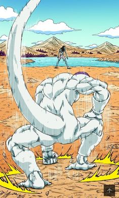 an image of a giant white monster in the middle of a desert with a man standing behind it