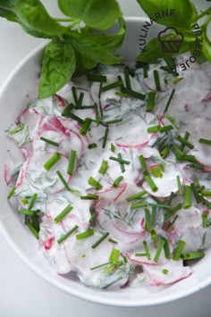 a white bowl filled with lots of veggies next to some green leafy plants