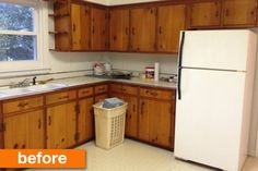 before and after pictures of a kitchen remodel with oak cabinets, white appliances