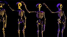 three skeletons are shown in different positions and colors