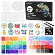 an assortment of craft kits including beads, buttons and stickers for kids to make