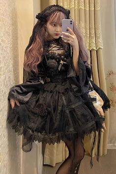 Fabric: Polyester Color: Black Feature: Ruffle, Bowknot, Lace, Mesh Style: Gothic, Elegant Include: Dress*1 (Any of the accessory is not included.) Size (IN) Bust Waist Shoulder Width Length One Size 37.01 30.71 14.57 34.65 Size (CM) Bust Waist Shoulder Width Length One Size 94 78 37 88 Japanese Victorian, Victorian Gothic Dress, Harajuku Women, Vintage Girl, Holiday Party Dresses, Vestidos Vintage, Gothic Dress, Suspender Dress, Victorian Gothic