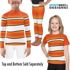 Clownfish Costume Kid's Nemo Fish Cosplay Halloween Orange White Stripes Gymnastics Dance Running Long Sleeve Shirt Leggings Swimming Swim Pieces Sold Separately LEGGINGS, LONG SLEEVE SHIRT The soft fabric and flattering fit mean that these are perfect for evening runs, lounging on the couch, or everything in between. 82% polyester, 18% spandex Fabric weight: 6.78 oz/yd² (230 g/m weight may vary by 5% 50+ UPF Very soft four-way stretch fabric that stretches and recovers on the cross and lengthwi Clownfish Costume, Nemo Fish, Gymnastics Dance, Kids Fishing, Clownfish, Halloween Orange, Cosplay Halloween, Clown Fish, Kids Costumes