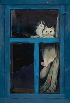 two white cats sitting in a blue window sill