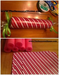 two pictures of red and white candy canes wrapped in green ribbon on the table