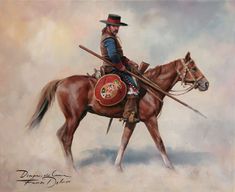 a painting of a man riding on the back of a brown horse