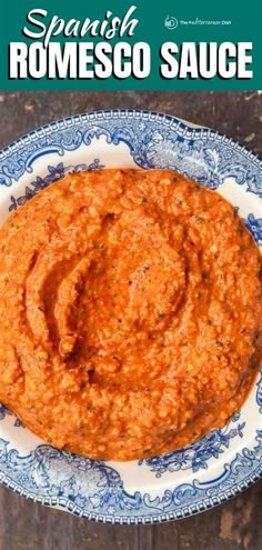 a bowl filled with tomato sauce on top of a blue and white plate