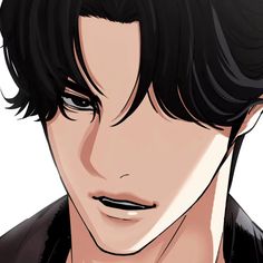 an anime character with black hair and dark eyes looking at the camera while wearing a leather jacket