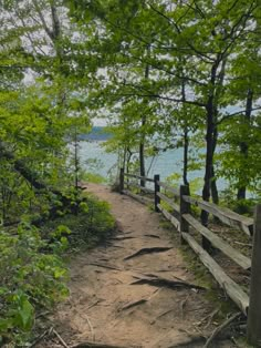 a wooden path leading to the water through some trees