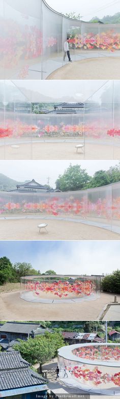 four different views of the inside of a building with people walking around it and in front of them