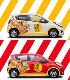 two side by side images of a car with dragon decals on the side, and an image of a small van