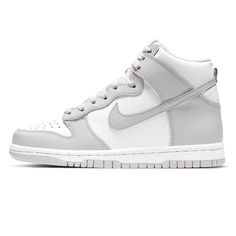 Offered in grade school sizing, the Nike Dunk High GS ‘Vast Grey’ updates the vintage silhouette with a neutral palette arranged in traditional colour blocking that recalls the ‘Be True to Your School’ series from 1985. The leather upper, featuring a clean white base with subtle grey overlays, rides on a low-profile midsole attuned to the mid ‘80s aesthetic, as seen on Dunk contemporaries like the Nike Terminator and Air Jordan 1. A nylon tongue offers added comfort and ease of movement, while t Nike Terminator, School Series, 80s Aesthetic, Vintage Silhouette, Colour Blocking, Nike Dunk High, Dunk High, Swag Shoes, Grey Nikes