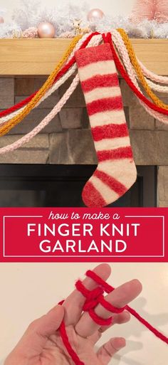 the finger knit garland is hanging from a fireplace mantel with red and white yarn