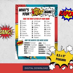 a poster with the words what's your hero name? and comic speech bubbles