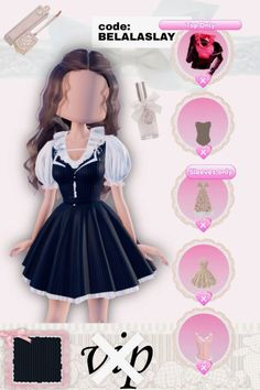 the doll is wearing a black dress with white trims