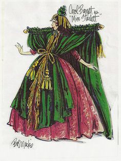 a drawing of a woman in a green and pink dress