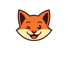 an orange fox face with brown eyes and a smile on it's face is shown