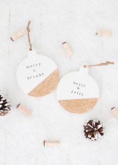 two personalized christmas ornament hanging from twine with pine cones and clothes pins