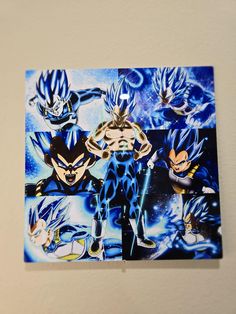 two pictures of dragon ball characters on a white wall with blue and black colors in the background