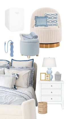 a bedroom with white furniture and blue accents on the walls, including a bed, nightstand,