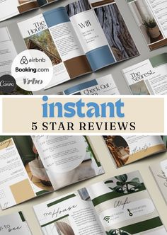 an open book with the title instant 5 star review on it, surrounded by photos and text