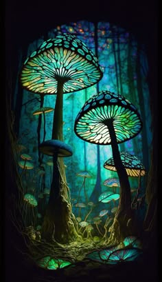 three glowing mushrooms in the woods at night with green light coming from them and leaves on the ground