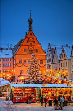 a christmas tree is in front of some buildings