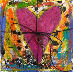 an abstract painting with a heart and two keys tied to it