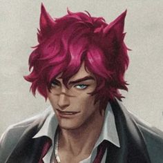 an anime character with red hair and blue eyes wearing a black jacket, white shirt and silver necklace