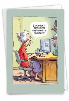 a woman sitting at a desk with a computer on it and the caption, i wonder if demalized gets delivered on sunday?