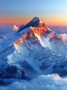 the top of a mountain with clouds below it at sunrise or sunset, as seen from an airplane window