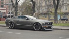 a gray mustang parked on the side of the road