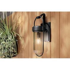 an outdoor light on the side of a wooden wall next to a potted plant