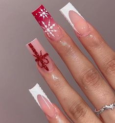 Nail Noel, Winter Nails Acrylic, Her Nails, Snowflake Nails, Pink Acrylic Nails, Square Acrylic Nails