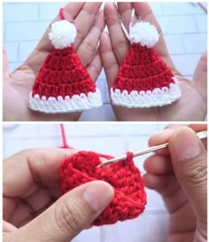 crochet santa hat with pom - poms being worked on by two hands