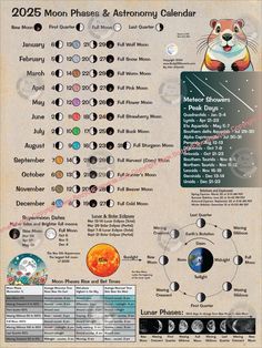 the moon phase and astronomy calendar is shown in this poster, which shows how many phases are