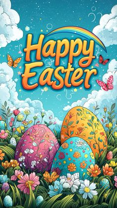 an easter card with colorful eggs in the grass