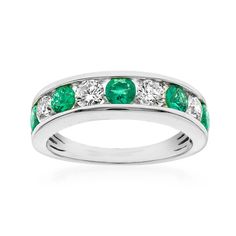 Ross-Simons - .80ct t. w. Emerald, .74ct t. w. Diamond Ring in 14kt White Gold. Size 8. This energizing splash of color can grant past seasons' outfits with a life full of opportunities! A renewing mix of verdant .80 ct. t. w. round emeralds and sparkling .74 ct. t. w. round brilliant-cut diamonds alternate inside a sleek 14kt white gold band. 3/16" wide. Diamond and emerald ring. Emerald birthstones are the perfect gift for May birthdays. May Birthdays, Diamond And Emerald Ring, Emerald Birthstone, May Birthday, Ring Emerald, White Gold Band, Emerald Ring, Gold Band, Round Brilliant Cut Diamond