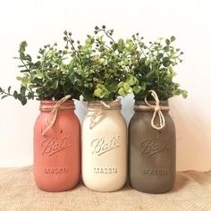 three mason jars with plants in them sitting on a burlap cloth covered table