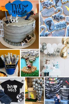 a collage of photos with blue and silver decorations, balloons, and t - shirts