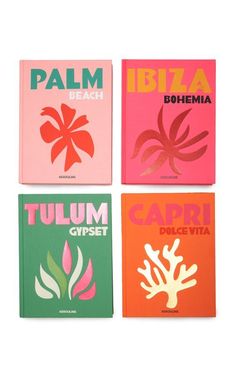 four books with different colors and designs on them