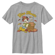 Who knew that dressing "mousey" could be so cute!? Celebrate Walt Disney's most iconic characters with this officially licensed Disney Mickey Mouse and Friends Give Thanks Scarecrow Mickey Boys' Graphic T-Shirt. This adorable tee features the whimsical Mousey dressed up as a scarecrow leaning on a basket full of corn and pumpkins across the front. Celebrate Thanksgiving Disney-style this year with fun new Mickey and Friends apparel for the whole family! Size: M.  Color: Gray.  Gender: male.  Age Disney Boys, Boys Graphic Tee, Graphic Tee Design, Kids Clothes Boys, Mickey Mouse And Friends, Mickey And Friends, Disney Style, Give Thanks, Scarecrow