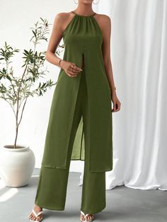 Casual Summer Sleeveless Top And Wide Leg Pants Set With Side Slit Olive Green Casual   Woven Fabric Plain  Non-Stretch  Women Clothing, size features are:Bust: ,Length: ,Sleeve Length: Linen Design Clothes, Casual Wide-leg Pants Matching Set, Elegant Full-length Linen Wide Leg Pants, Casual Summer Wide-leg Pant Set, Linen Outfits For Women, Casual Solid Wide-leg Pant Sets, Cheap Green Wide-leg Sets, Older Woman Outfit, Top And Wide Leg Pants