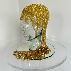 Incredible Vintage 1970’s Golden Yellow Intricate Beaded Headpiece With Cascading Beaded Fringe Along The Hairline. Beads Are Embroidered On To A Mesh Skull Cap That Fits Snugly To The Head. All Beads Are In Tact. Perfect For A Halloween Costume Or A Special Night Out. Condition: Excellent #Cleopatra #Egyptian #Gatsby #Deco #Disco #Pacorobanne Gold Coin Headpiece, 1920s Headdress, 20s Headpiece, Beaded Headpiece, Golden Goddess, Beaded Skull, Beaded Fringe, Gold Coins, Golden Yellow