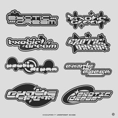 six different logos for skateboards and other sports equipment, all in black and white