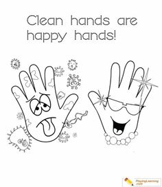 two hand prints with the words clean hands are happy hands and an image of a pair of