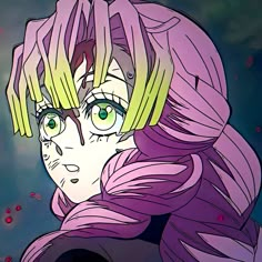 an anime character with purple hair and green eyes looks into the distance while staring at something