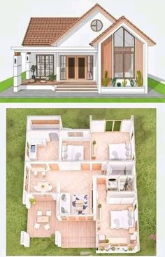 two different views of a house from above and below, with the same floor plan